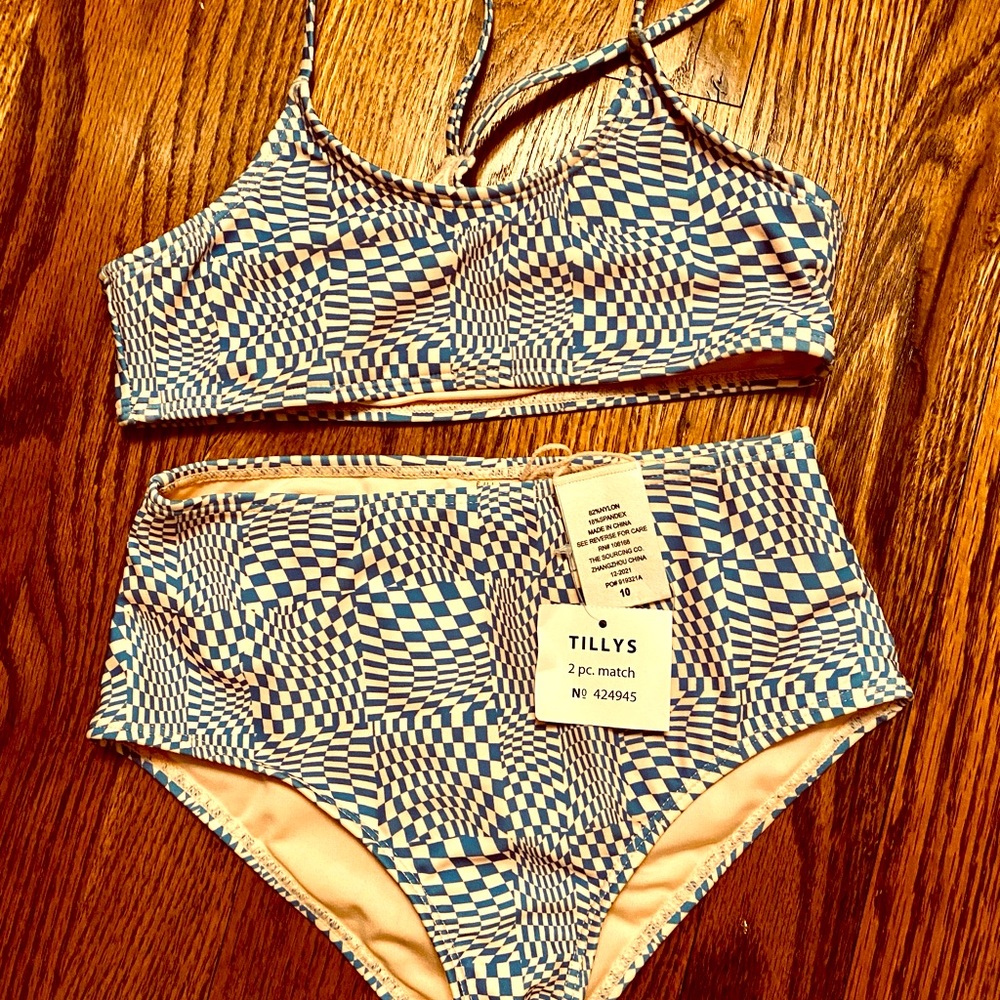 TILLY’S BRAND TWO-PIECE SWIM SUIT LIGHT PINK AND BLUE MOD PRINT GIRLS SIZE 10